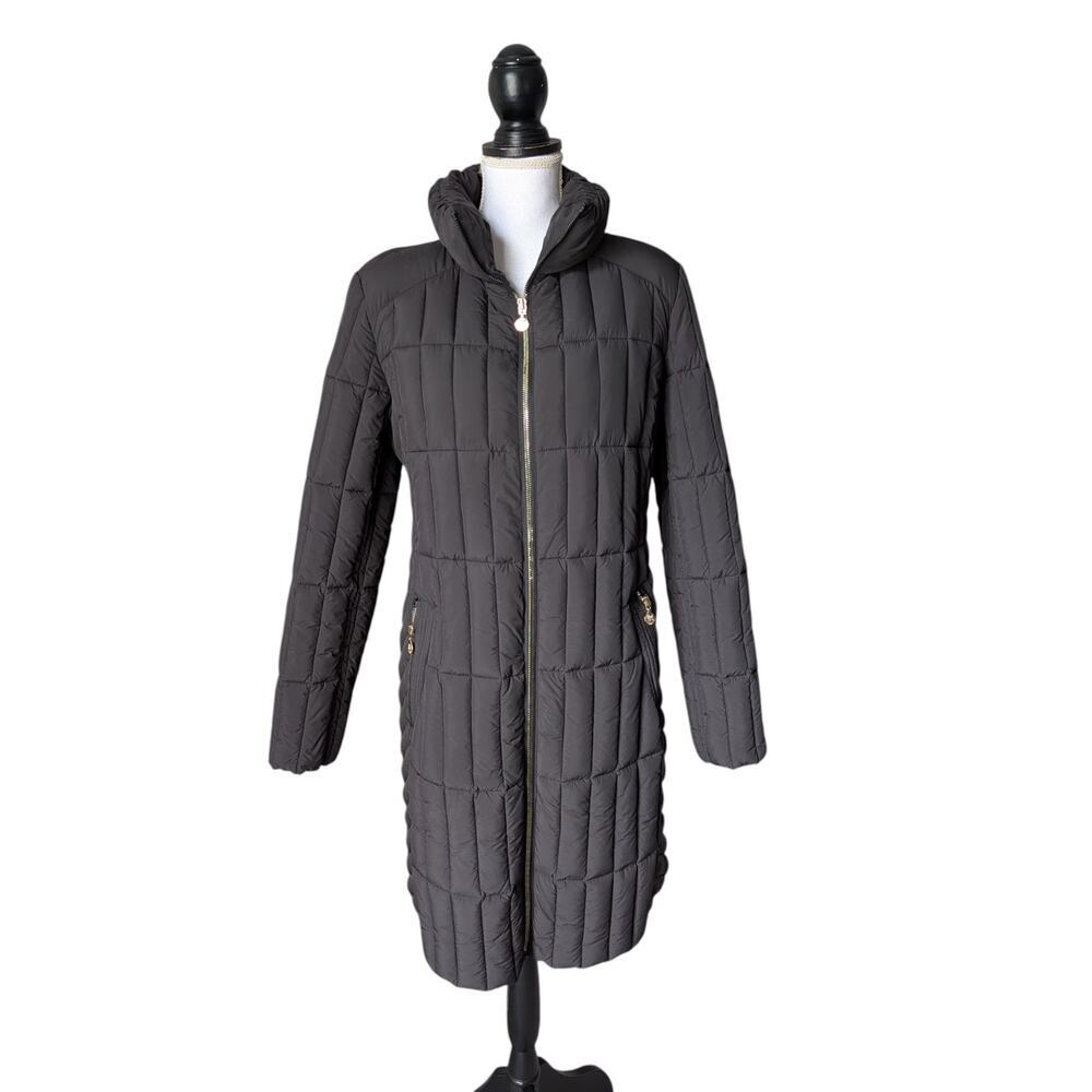 Bernardo Black Longline Quilted Puffer Coat Jacket Size L Full Zip Mid Length